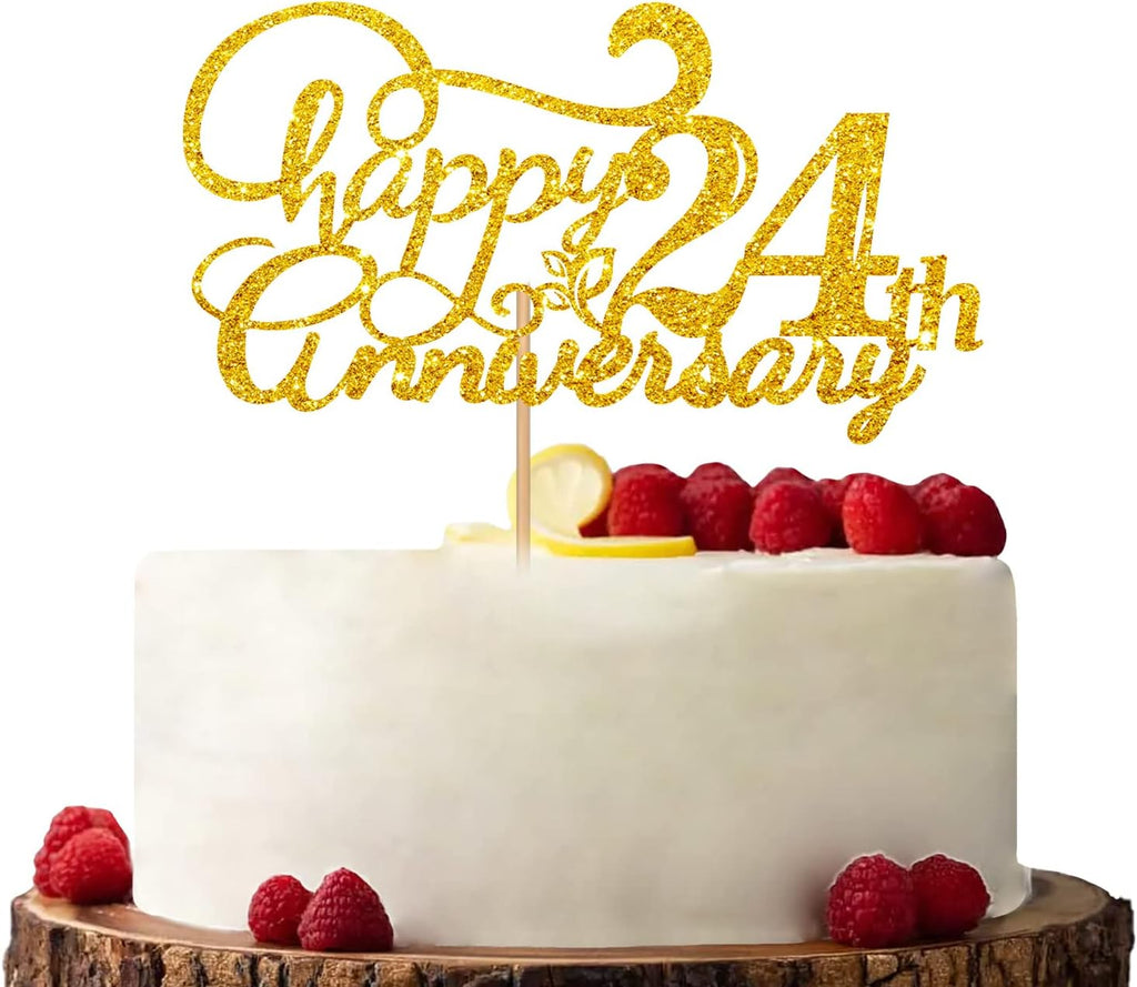 Gold Happy 24th Anniversary Cake Topper, Engagement Anniversary Cake Topper, Glitter Cake Decorations for 24th Anniversary Wedding Party