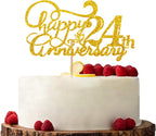 Gold Happy 24th Anniversary Cake Topper, Engagement Anniversary Cake Topper, Glitter Cake Decorations for 24th Anniversary Wedding Party