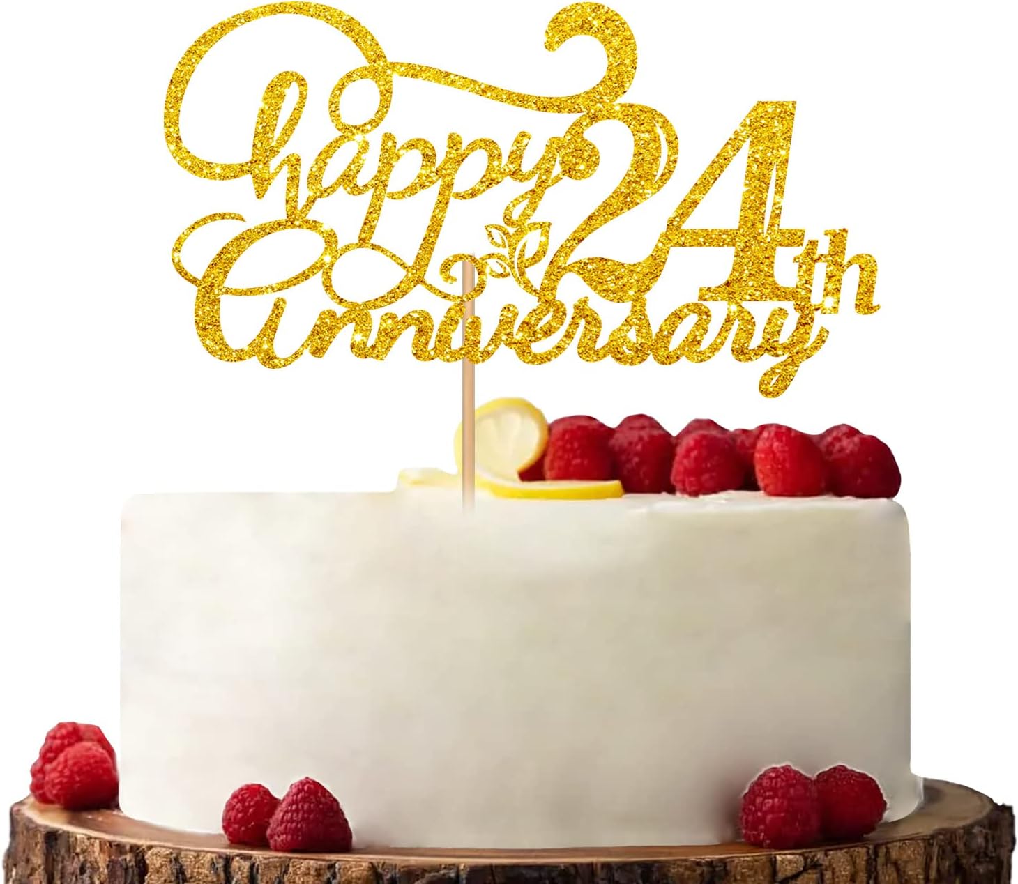 Gold Happy 24th Anniversary Cake Topper, Engagement Anniversary Cake Topper, Glitter Cake Decorations for 24th Anniversary Wedding Party