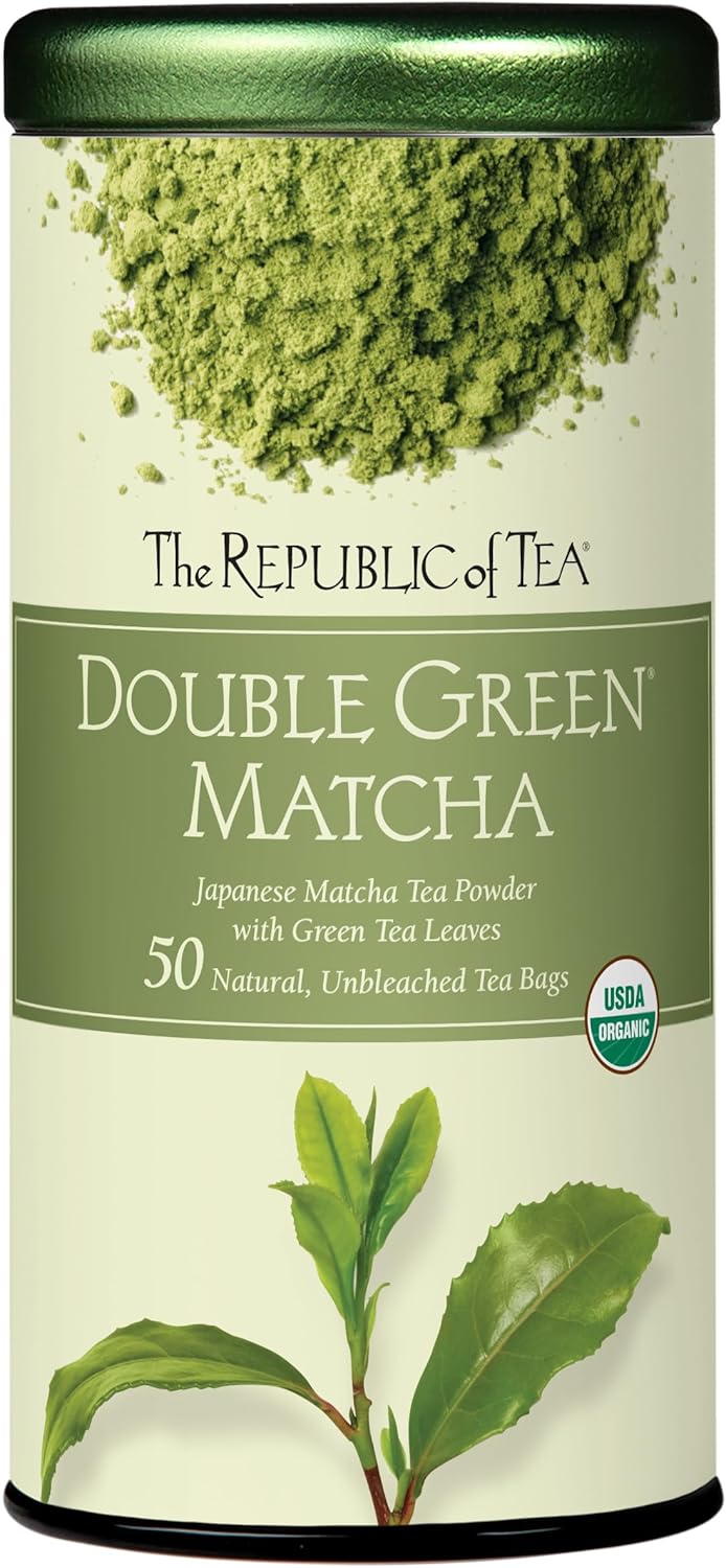 The Republic of Tea Organic Double Green Matcha, Individual Tea Bags with Japanese Matcha Tea Powder and Green Tea Leaves Blend, Natural Unbleached Bags in Reusable Tin Canister, 50 Tea Bags