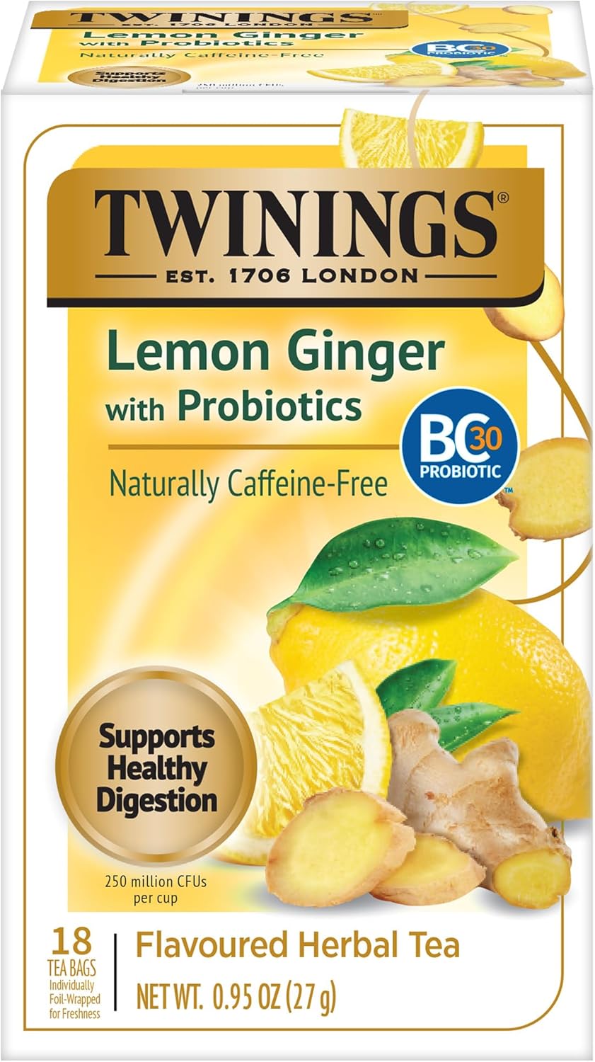 Twinings Lemon & Ginger with Probiotics Flavoured Herbal Tea, Supports Healthy Digestion, Naturally Caffeine-Free, 18 Tea Bags (Pack of 1), Enjoy Hot or Iced, 18 Teabags