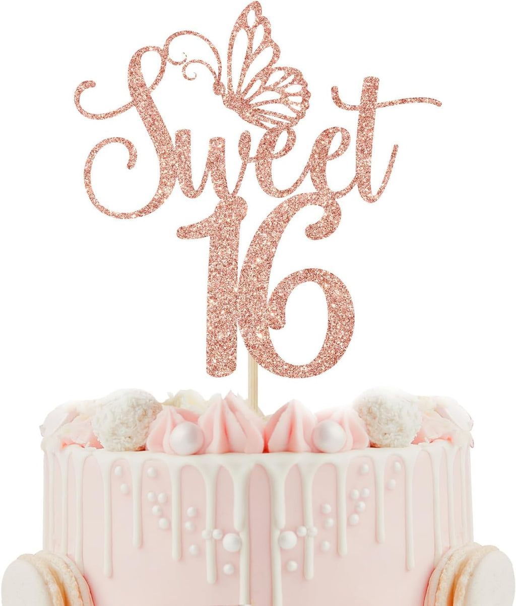 Sweet 16 Cake Topper, Happy 16th Birthday Cake Topper, Happy Sweet Sixteen Cake Decorations, 16th Birthday Party Decorations (Rose Gold Glitter)