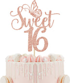 Sweet 16 Cake Topper, Happy 16th Birthday Cake Topper, Happy Sweet Sixteen Cake Decorations, 16th Birthday Party Decorations (Rose Gold Glitter)