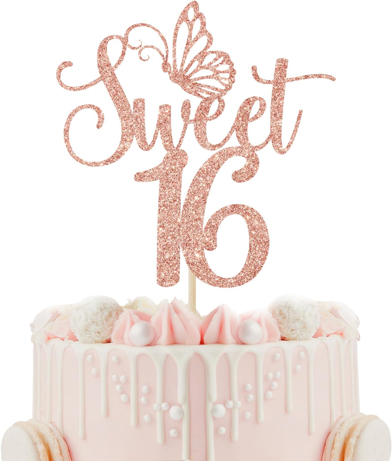 Sweet 16 Cake Topper, Happy 16th Birthday Cake Topper, Happy Sweet Sixteen Cake Decorations, 16th Birthday Party Decorations (Rose Gold Glitter)