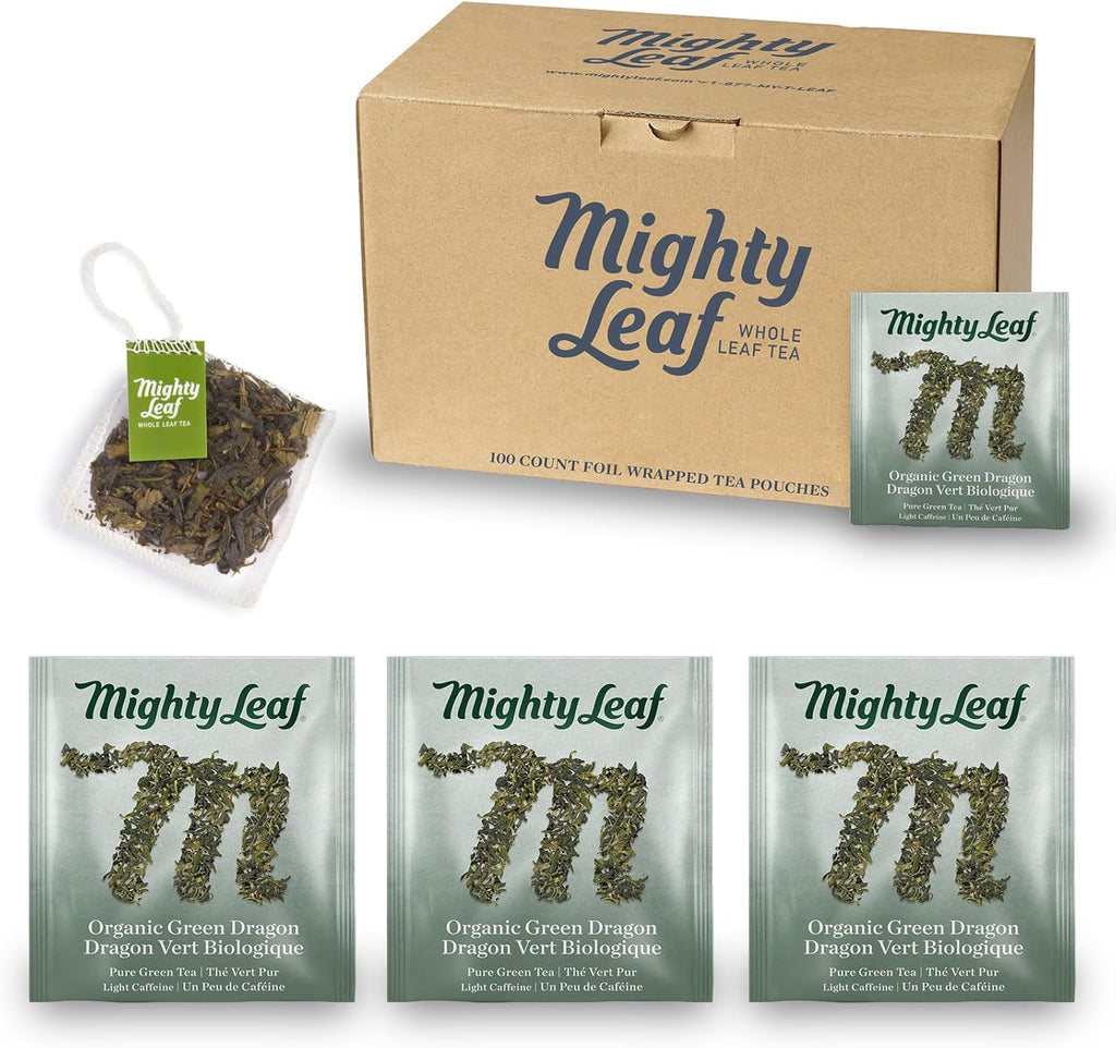 Mighty Leaf Organic Green Dragon Tea – 100 Count Whole Leaf Green Tea Bags – Smooth & Earthy Flavor – Premium Silk Pouches for Wellness and Natural Energy