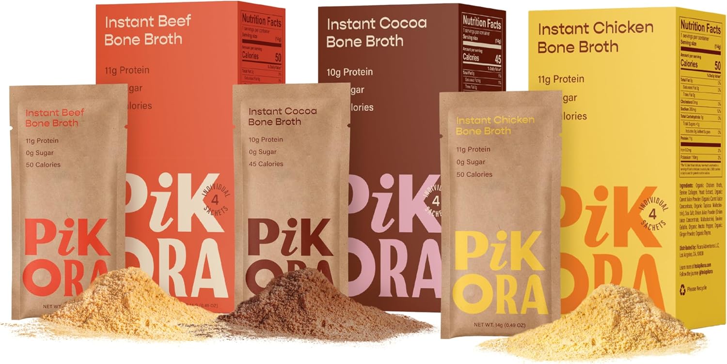 Pikora Bone Broth Discovery 3 Pack | Cocoa, Chicken & Beef | 10-11g Protein, 45-50 Calories per Serving | Collagen-Rich, Keto & Paleo Friendly | 12 Sachets Total