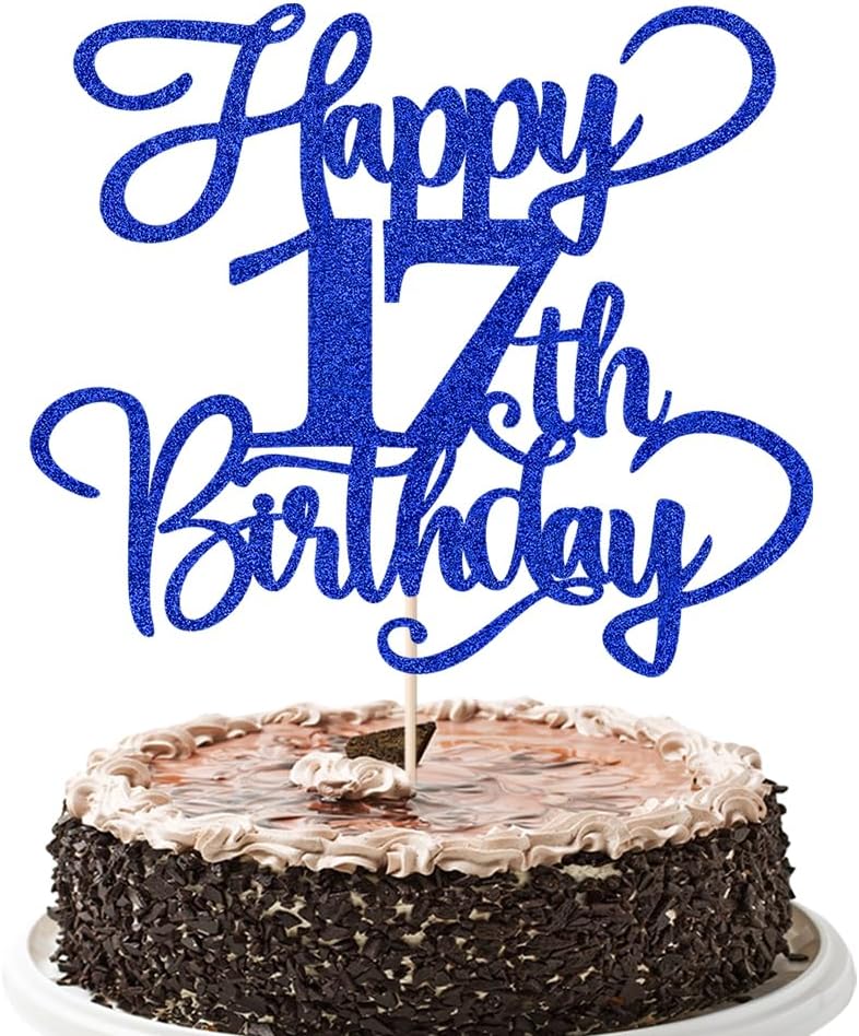 Glitter Happy 17th Birthday Cake Topper,Hello 17，Cheers to 17Years,17th Anniversary Cake Topper， boy girl 17 years old birthday Party Decor (blue)