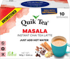 QuikTea Instant Unsweetened Masala Chai Tea Latte – 10 Count, classic latte with a hearty mix of traditional chai spices, low Caffeine, No artificial colors, flavors, preservatives – Just Add Hot Water