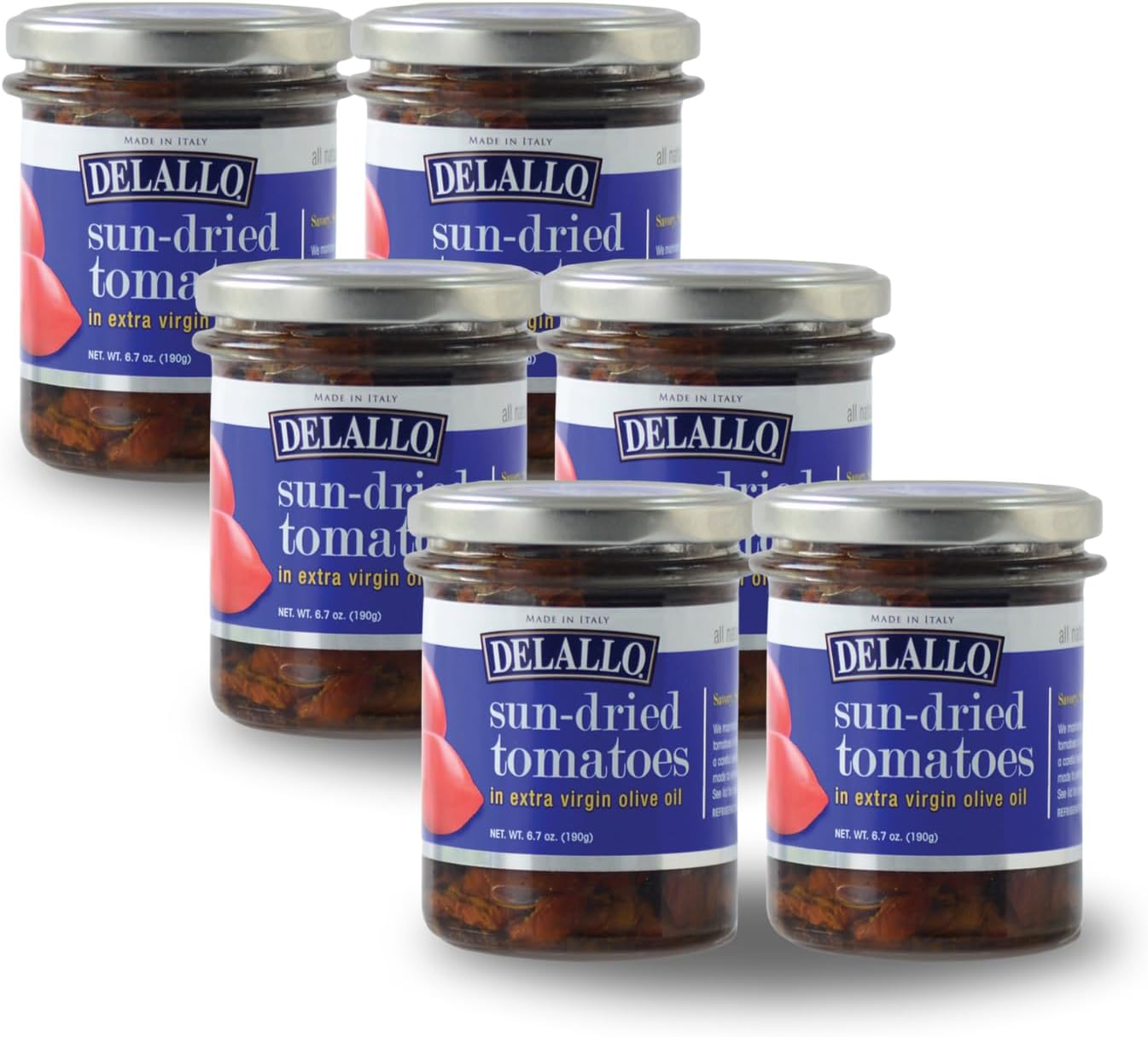 DeLallo Sundried Tomatoes in Oil, Marinated in Seasoning and Fresh Italian Extra Virgin Olive Oil, Grown and Harvested in Italy, No Added Sulfites, Non-GMO, 6.7 oz Jar, (6 Pack)