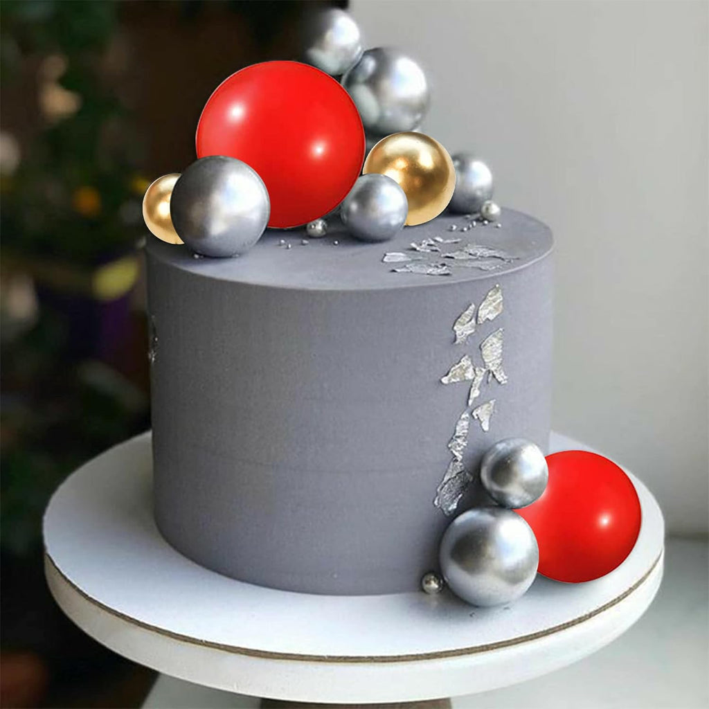 Rsstarxi 30 PCS Mini Balloon Cake Topper Foam Ball Cake Picks Decorations Faux Pearl Balls DIY Cake Insert Topper Decoration for Baby Shower Wedding Anniversary Birthday Party Supplies Red Gold Silver
