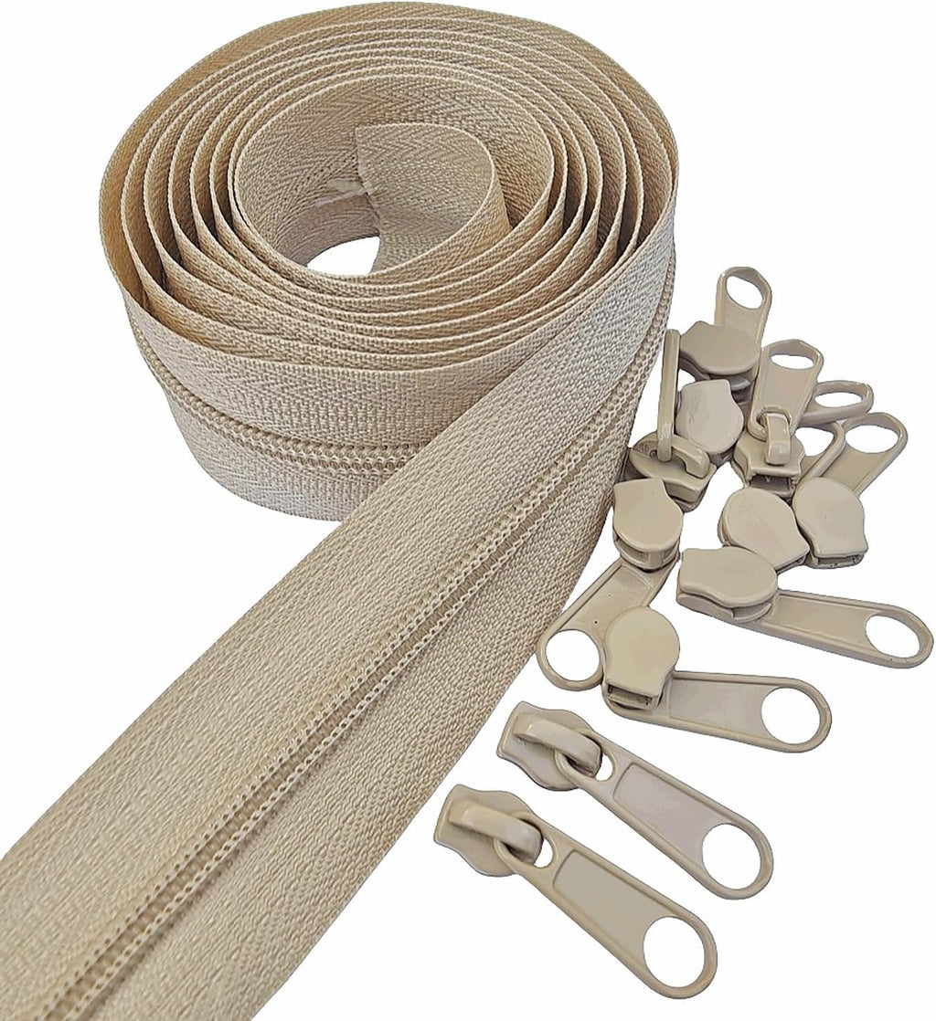 MebuZip #3 Nylon Coil Zippers by The Yard Bulk Zipper Roll Zipper Tape 10 Yards with 25pcs Pulls for Sewing Tailor DIY Craft Bags Pillows (Beige 10Yards)