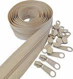 MebuZip #3 Nylon Coil Zippers by The Yard Bulk Zipper Roll Zipper Tape 10 Yards with 25pcs Pulls for Sewing Tailor DIY Craft Bags Pillows (Beige 10Yards)
