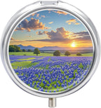 Texas Bluebonnets Scenery Pill Box Portable Mini Travel Pill Organizer Holder 3 Compartment Decorative Round Pills Case Exquisite Daily Vitamin Container for Cod Liver Oil
