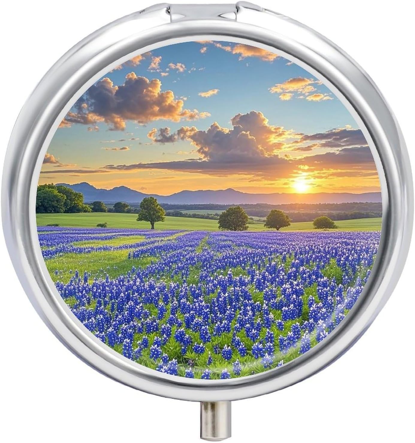 Texas Bluebonnets Scenery Pill Box Portable Mini Travel Pill Organizer Holder 3 Compartment Decorative Round Pills Case Exquisite Daily Vitamin Container for Cod Liver Oil