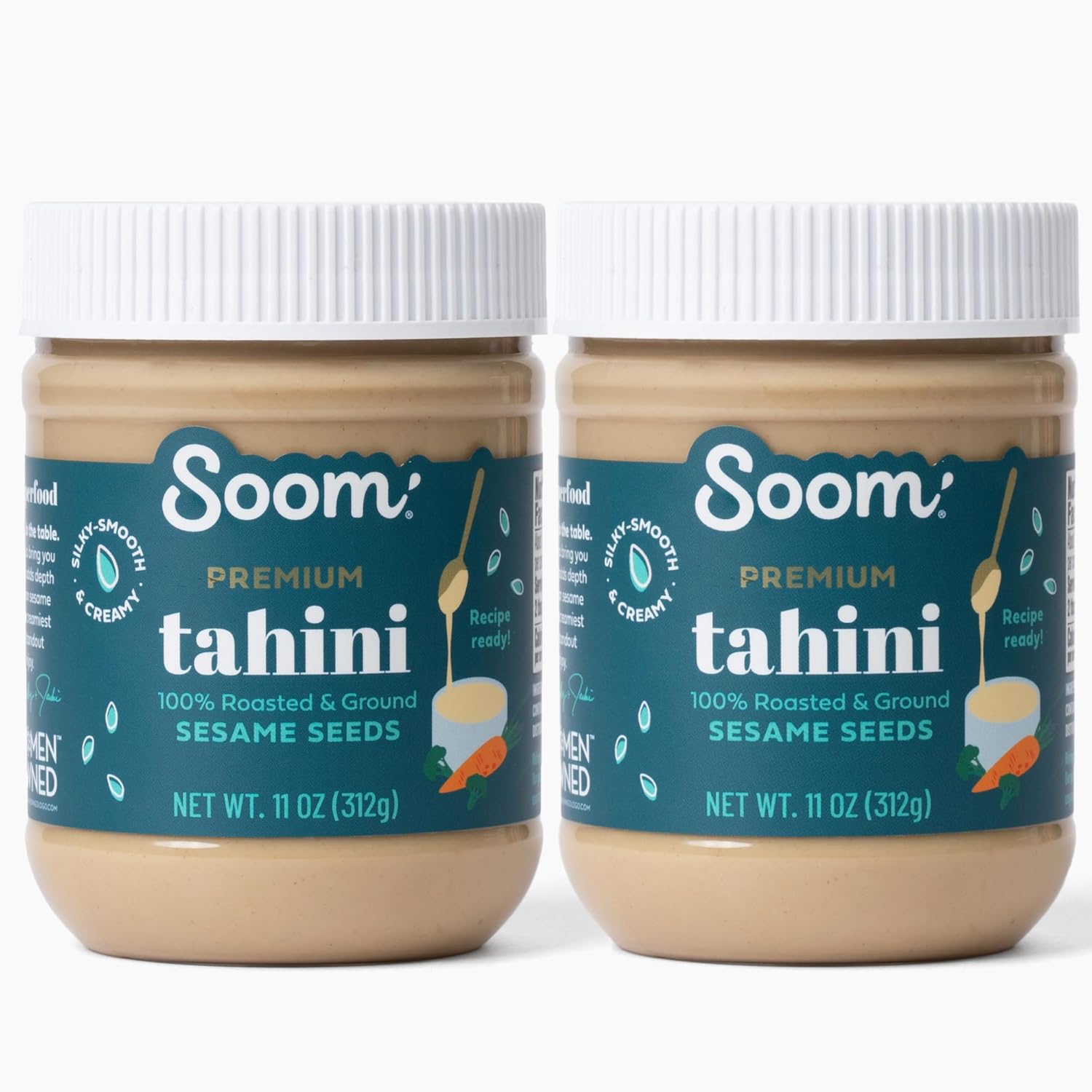 Soom Foods Premium Tahini 11oz (2 Pack) | Roasted & Ground Sesame Seed Paste | Creamy Tahini for Dubai Chocolate, Hummus, Sauces | Vegan, Nut-Free, Gluten-Free, Kosher, Keto, Paleo, Whole30