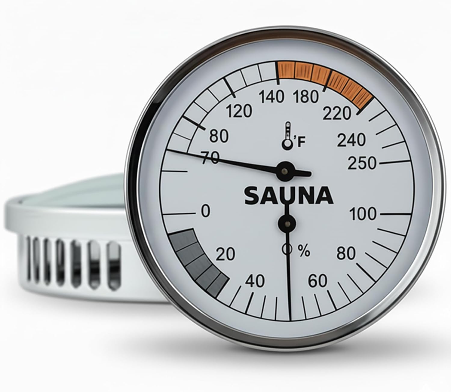 Mechanical Sauna Thermometer Hygrometer, Stainless Steel & Fog-Resistant Glass, 2-in-1 Temperature (70–250°F) and Humidity (0–100%) Gauge