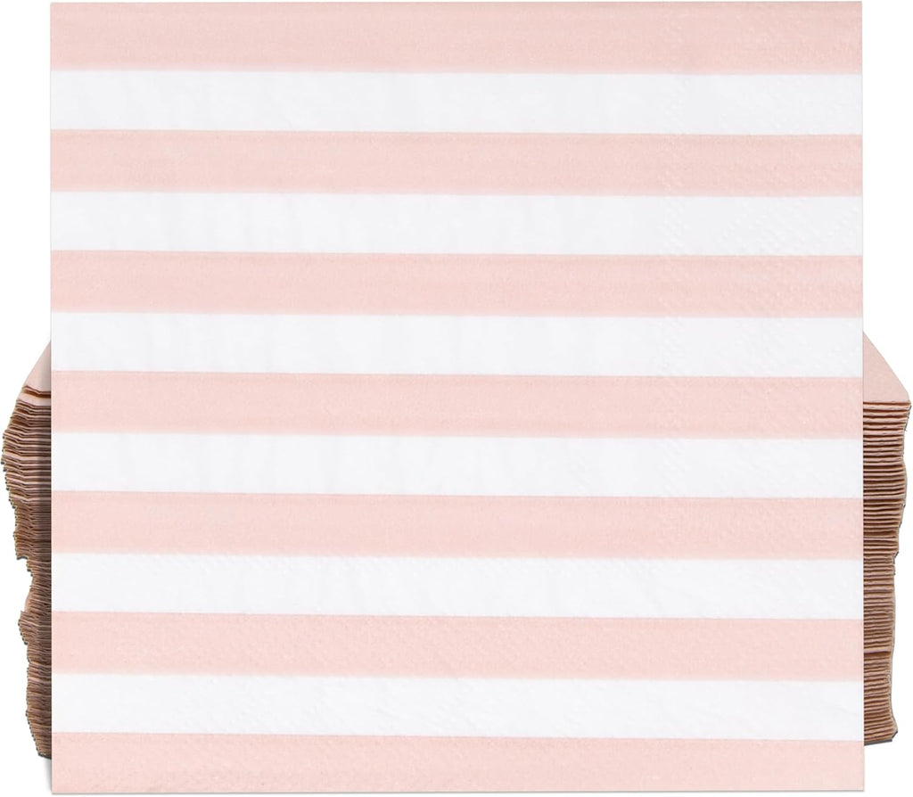 100 Pcs Pink & White Stripe Cocktail Beverage Napkins Disposable Paper Striped Dessert Napkin for Birthday Bridal & Baby Shower Party Supplies Decor