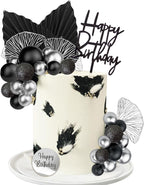 Silver Black Balls Cake Toppers Happy Birthday Cake Decorations for Wedding Baby Shower Birthday Party Decorations (Silver Black)