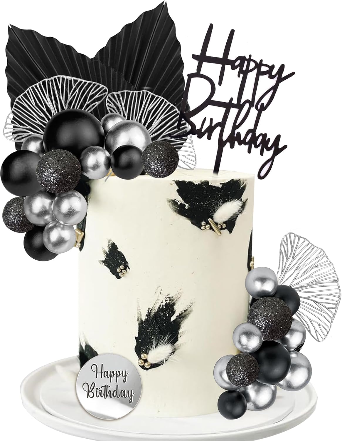 Silver Black Balls Cake Toppers Happy Birthday Cake Decorations for Wedding Baby Shower Birthday Party Decorations (Silver Black)