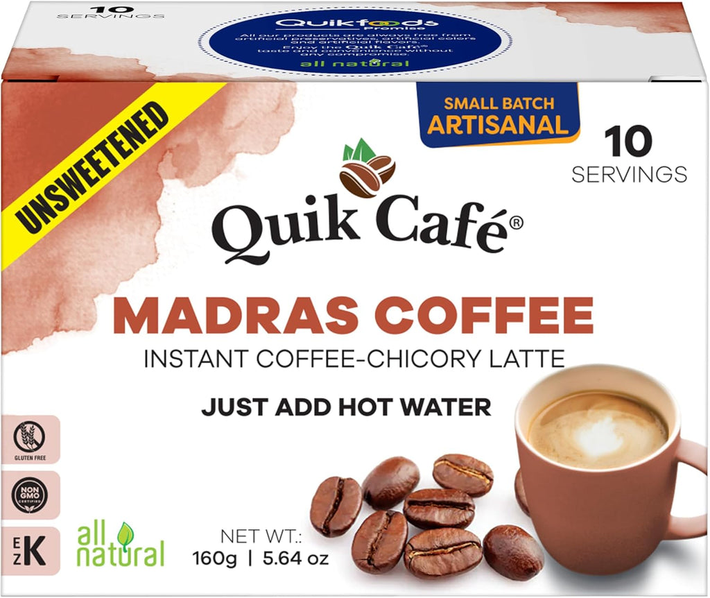 QuikCafé Madras Unsweetened Coffee – 10 Count, Instant Herbal Blend with Natural Ingredients, Caffeine-Light, Preservative-Free – Just Add Hot Water