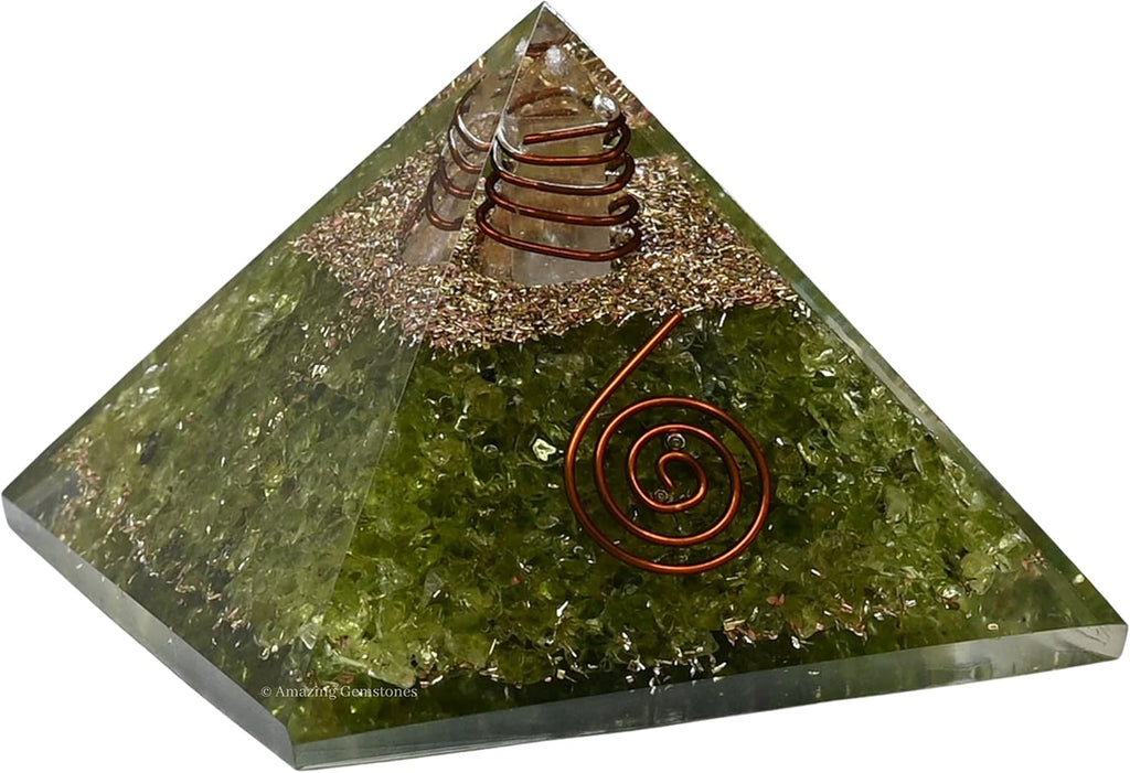 Orgone Pyramid with Peridot Crystal and Healing Coil Quartz Point - Natural Healing Stones Orgonite Energy Generator for Yoga Meditation
