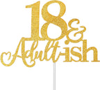 18th Birthday Cake Topper, Happy 18th Birthday Cake Topper Adultish Toppers for 18 Years Old Black Bday Decor Glitter Supplies(Gold)