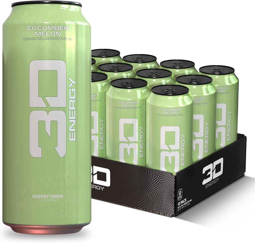 3D Energy Drink – Sugar Free, 200mg Caffeine, Pre Workout, Taurine, L-Carnitine, Lightly Carbonated, 16oz Cans, 12 Pack - Cucumber Melon