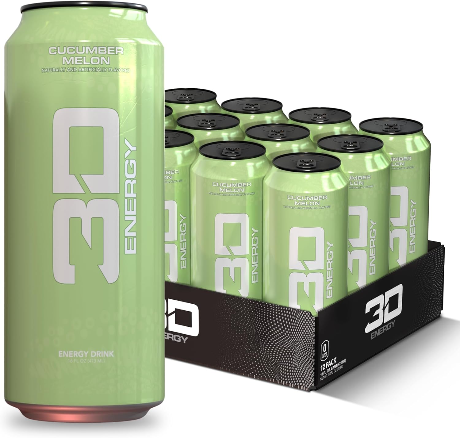 3D Energy Drink – Sugar Free, 200mg Caffeine, Pre Workout, Taurine, L-Carnitine, Lightly Carbonated, 16oz Cans, 12 Pack - Cucumber Melon