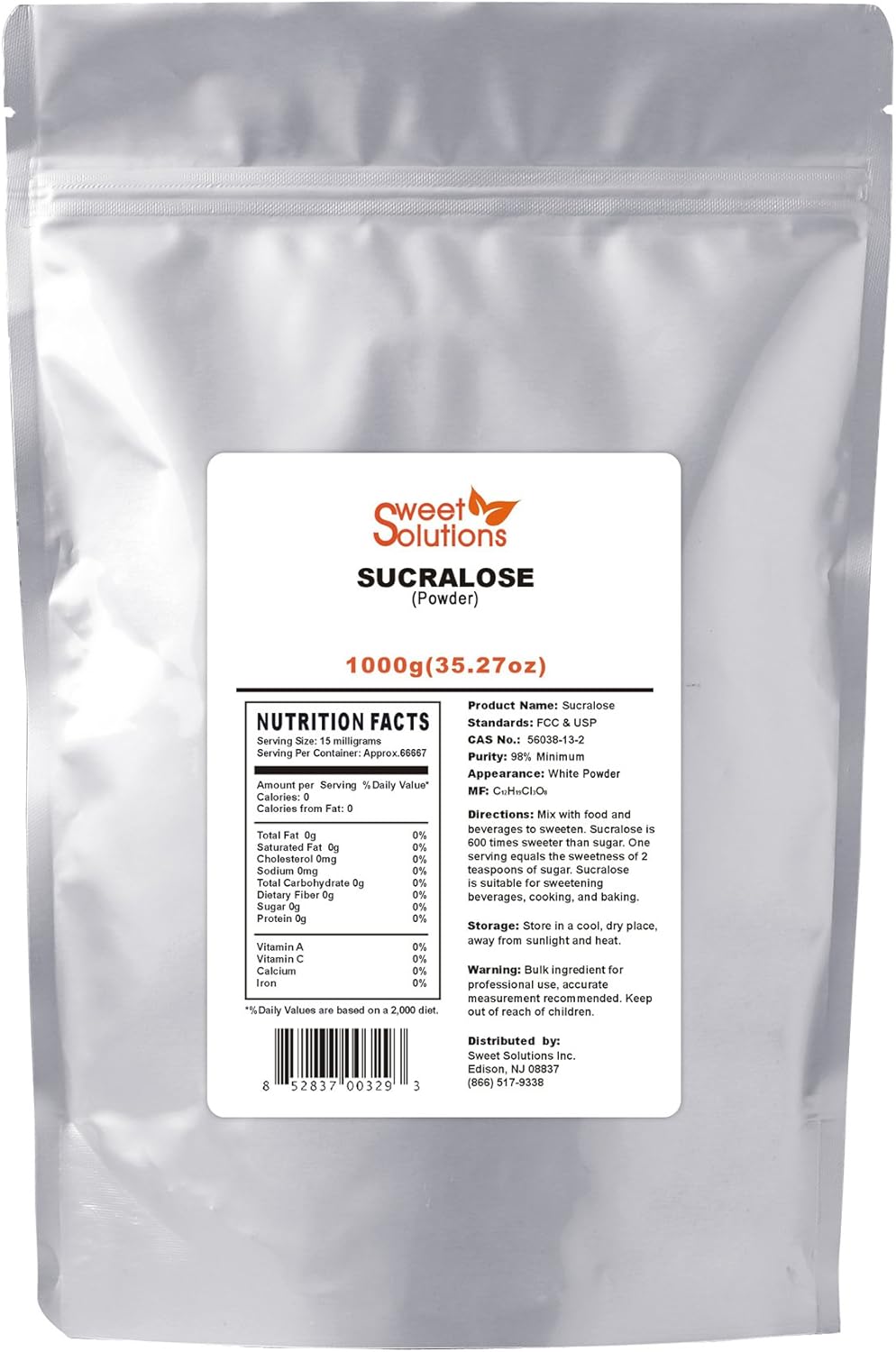 Pure Sucralose (Powder) 1KG, Meets FCC & USP Standards