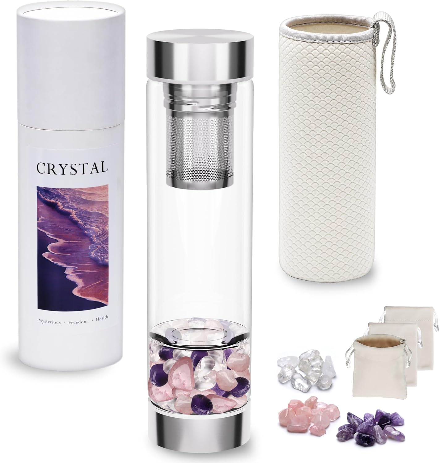500ml Crystal Water Bottle with Removable Strainer - Includes Amethyst & Rose Quartz Stones, for Tea Lovers