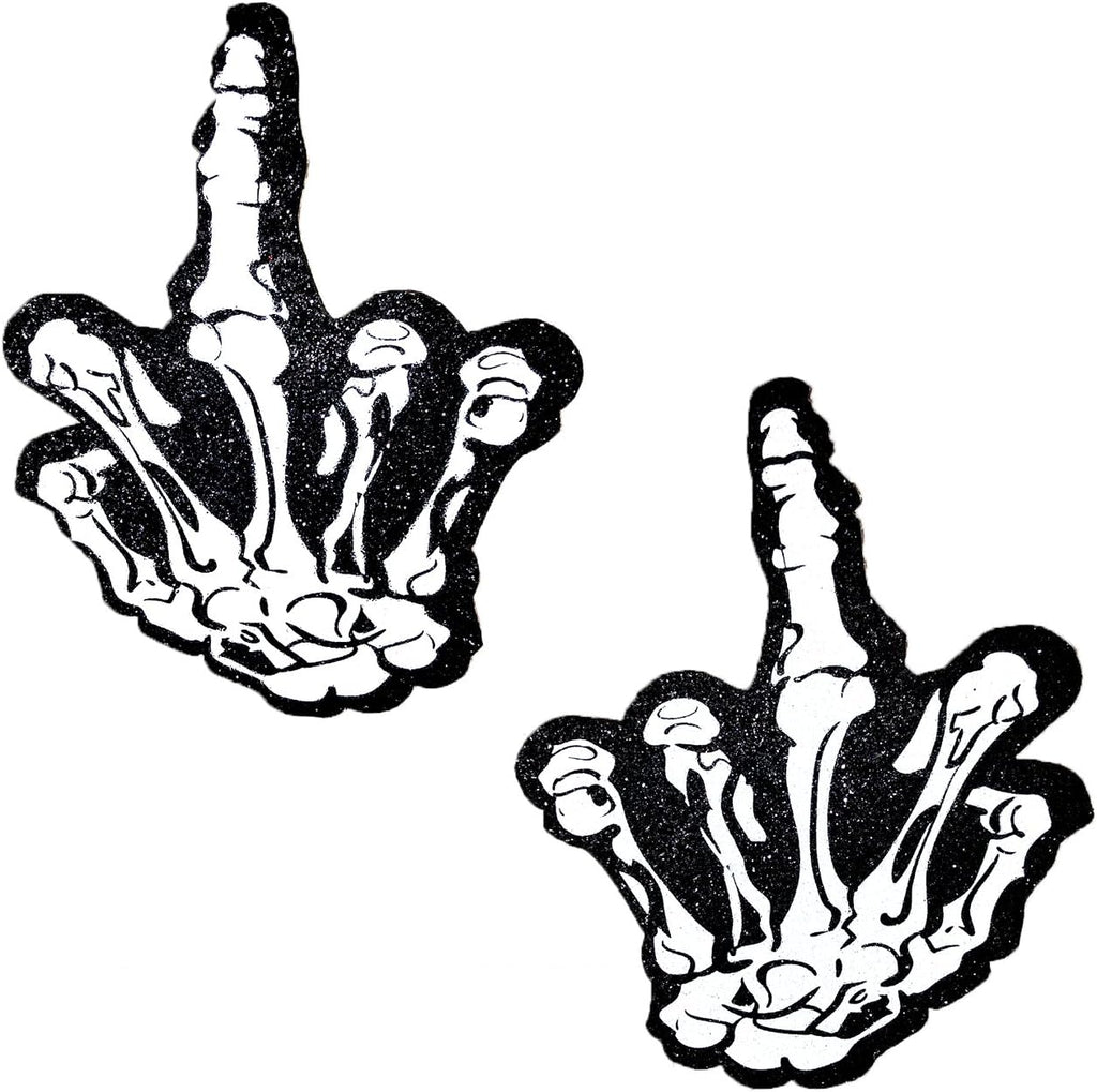 Neva Nude F You Skeleton Hand Black Glitter Nipztix Pasties Nipple Covers for Festivals, Raves, Parties, Lingerie and More, Medical Grade Adhesive, Waterproof and Sweatproof, Made in USA