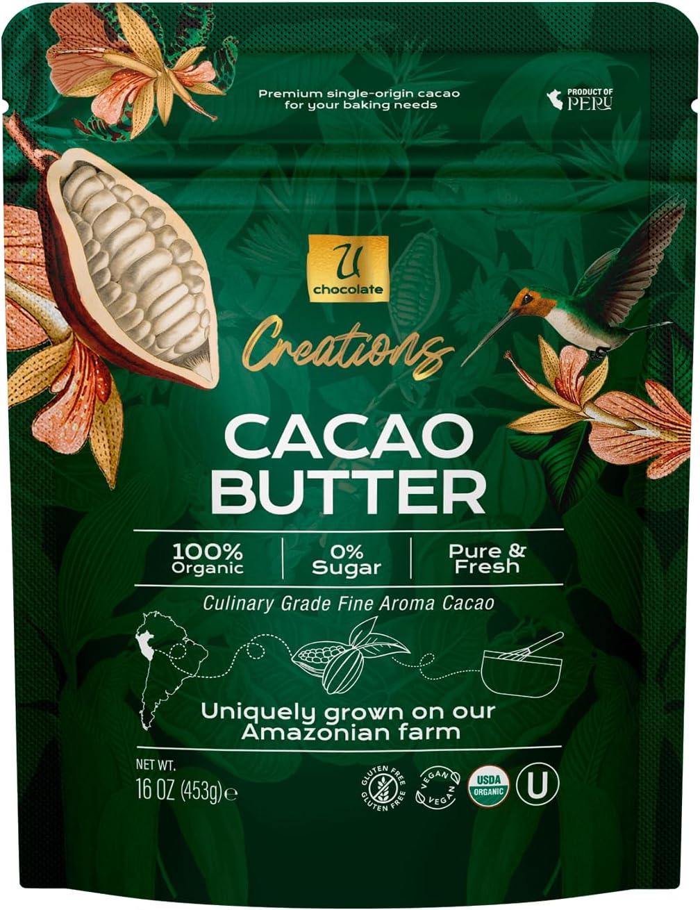 U Chocolate Organic Cacao Butter 16 oz, Fresh From Our Farm, Raw Food Grade Cocoa Butter, For Vegan Baking, Chocolate Making and more