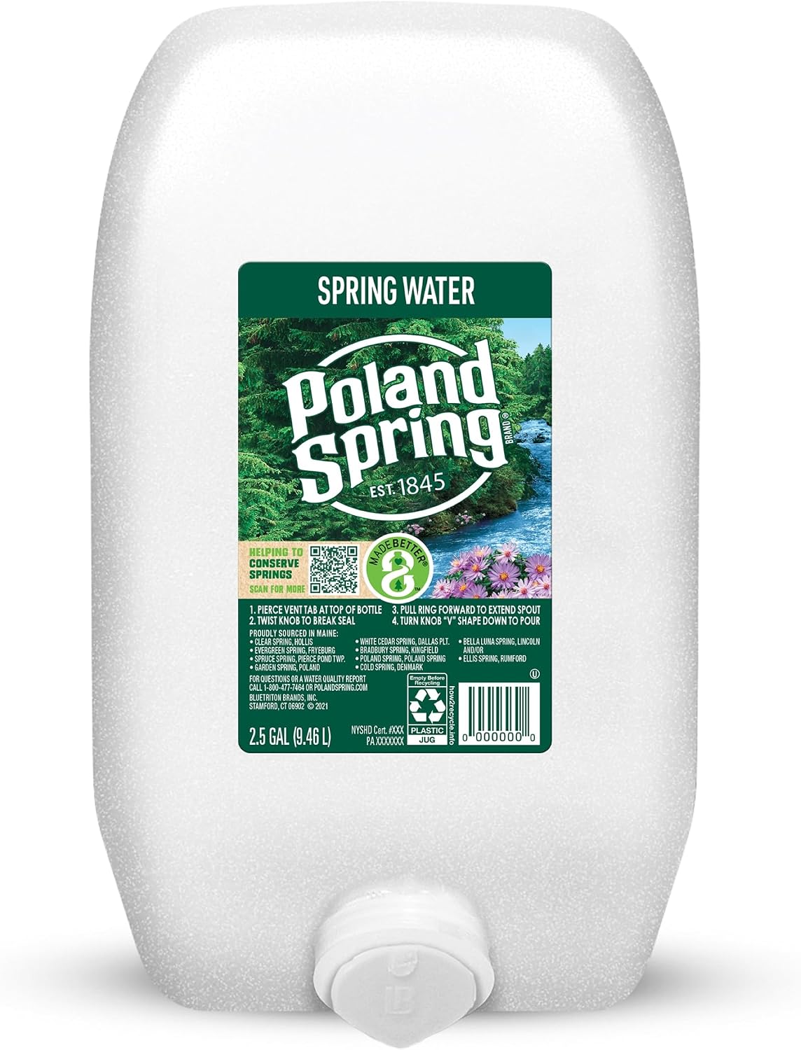 Poland Spring Maine Spring Water Bottles, 2.5 Gallon Jug – Still Bottled Water with Naturally Occurring Minerals for Taste