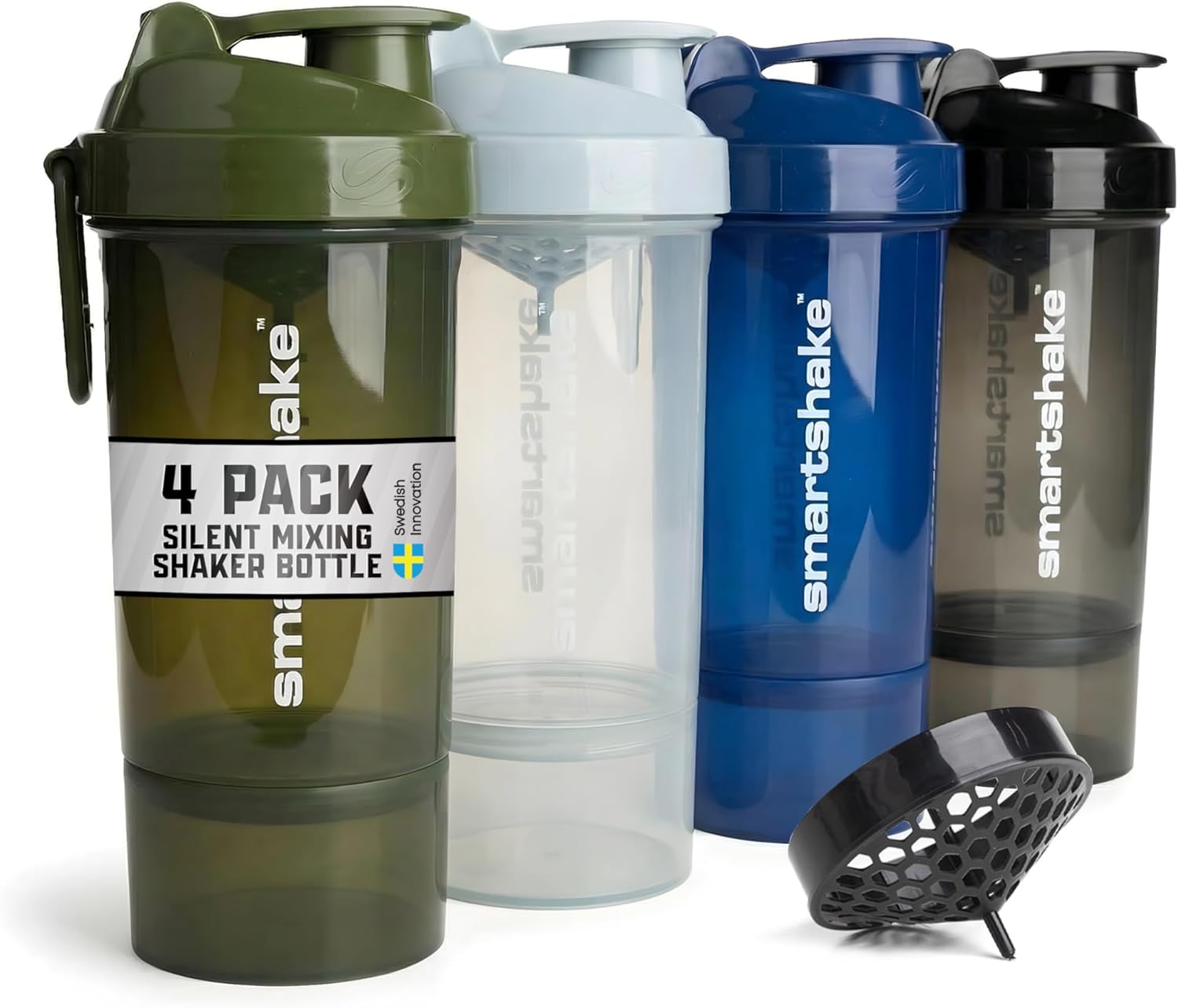 Smartshake O2GO ONE 4-Pack Protein Shaker Bottle 800 ml | 27 oz - Storage Included - Leakproof Screw-on Lid - BPA Free – Unisex - Mist Gray, Army Green, Black, Navy Blue