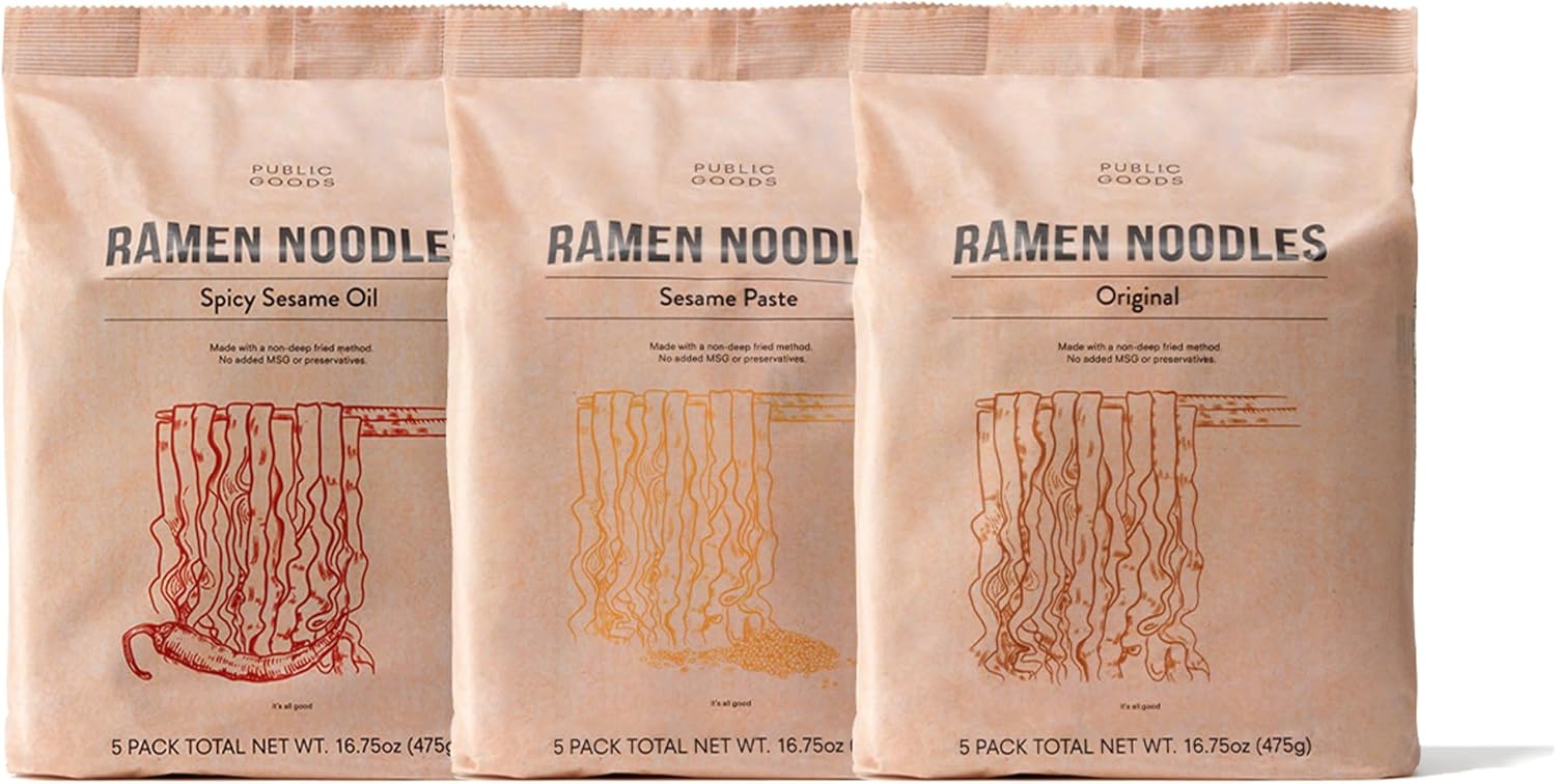 Public Goods Ramen Noodles | Brothless Vegan & Vegetarian Instant Ramen | Healthy, High Protein Asian Noodle | Preservative Free | No Added MSG | Original, Sesame Paste & Spicy Sesame Oil (15 Pack)