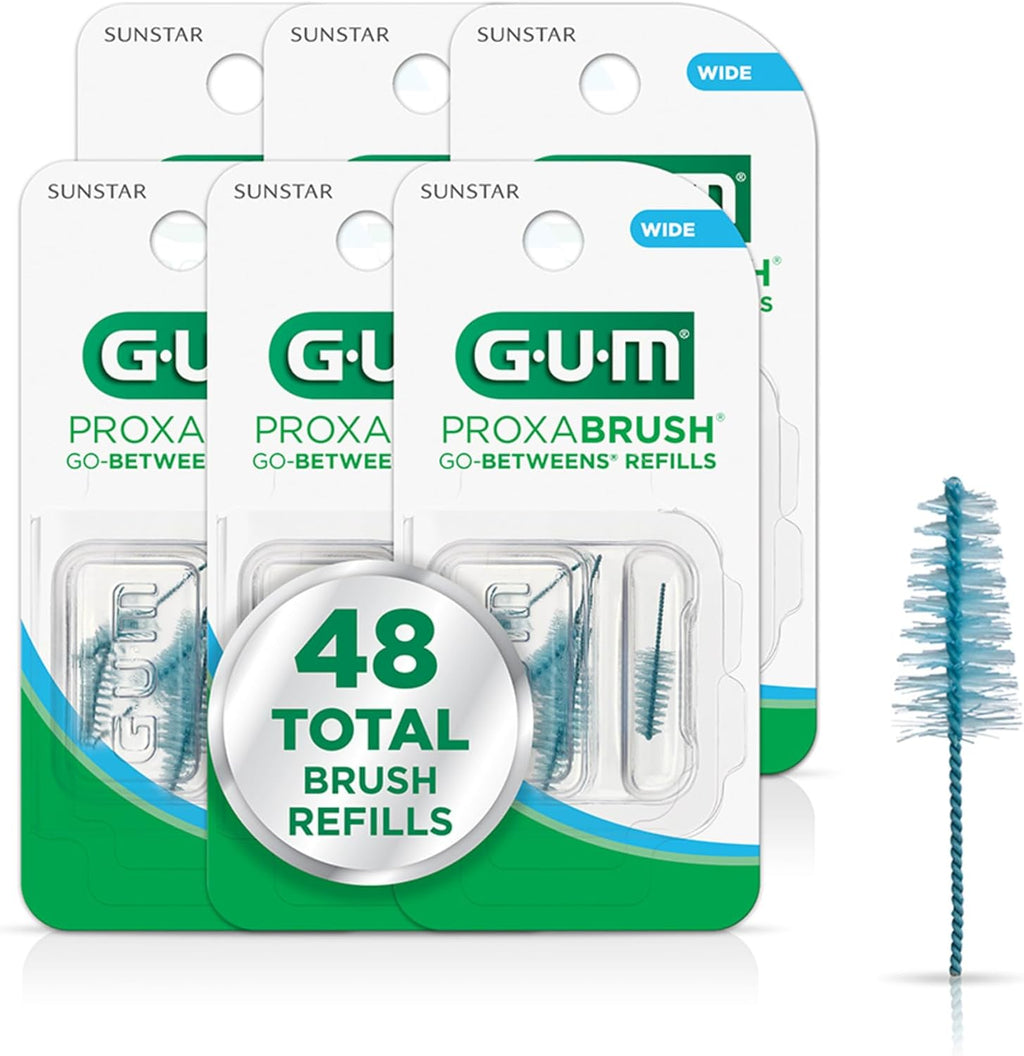 GUM Proxabrush Go-Betweens Refills - Wide - Compatible with GUM Permanent Handle - Reusable Interdental Brushes - Soft Bristled Dental Picks, 8 Count (Pack of 6) 48 Total