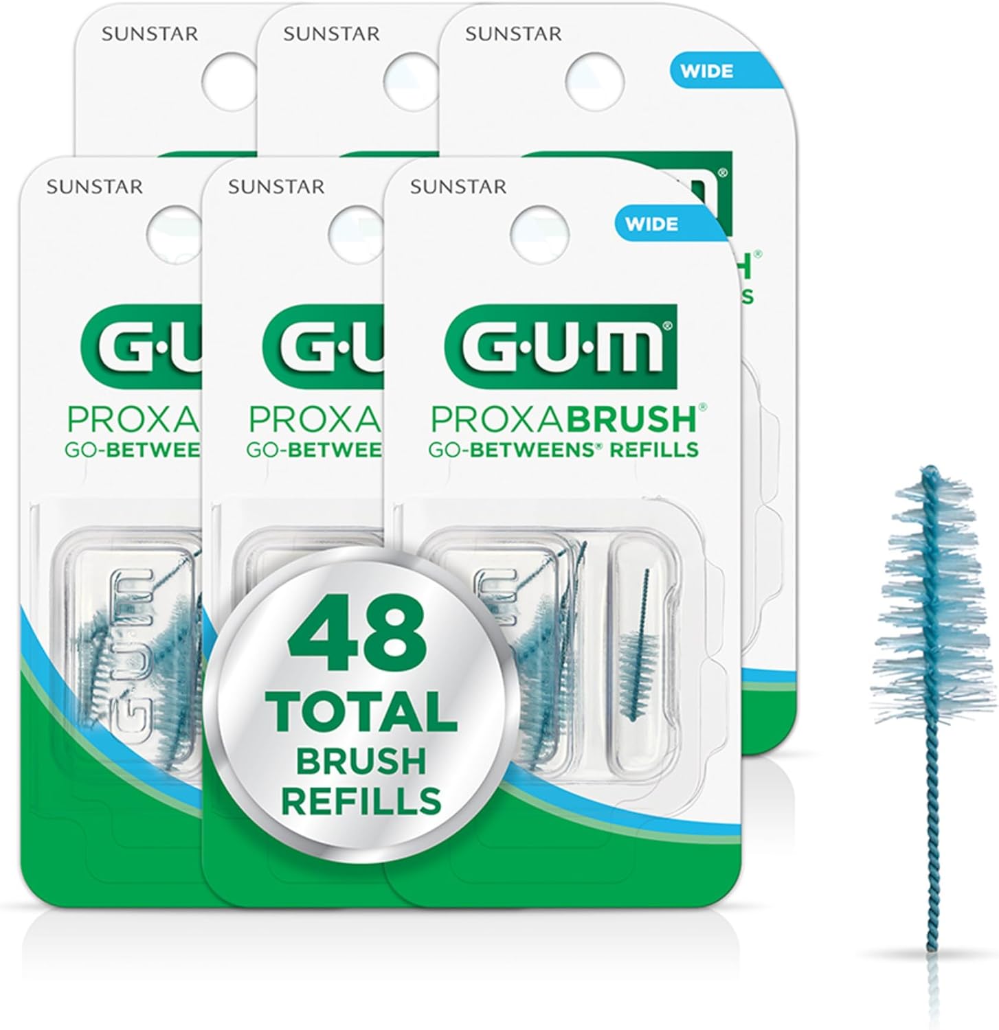 GUM Proxabrush Go-Betweens Refills - Wide - Compatible with GUM Permanent Handle - Reusable Interdental Brushes - Soft Bristled Dental Picks, 8 Count (Pack of 6) 48 Total