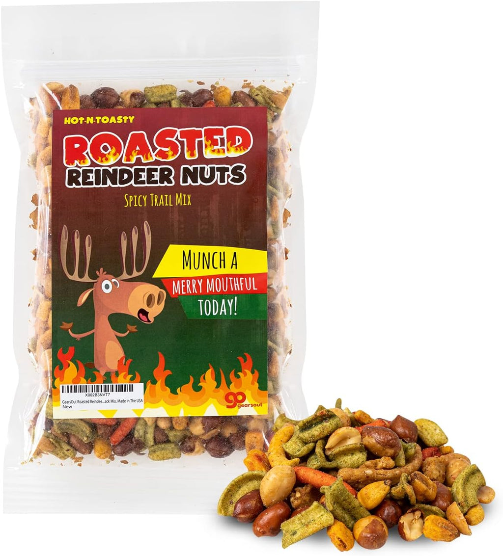 Roasted Reindeer Nuts Spicy Trail Mix - Funny holiday reindeer design - Edible gifts for Men - Spicy snack mix, Made in the USA
