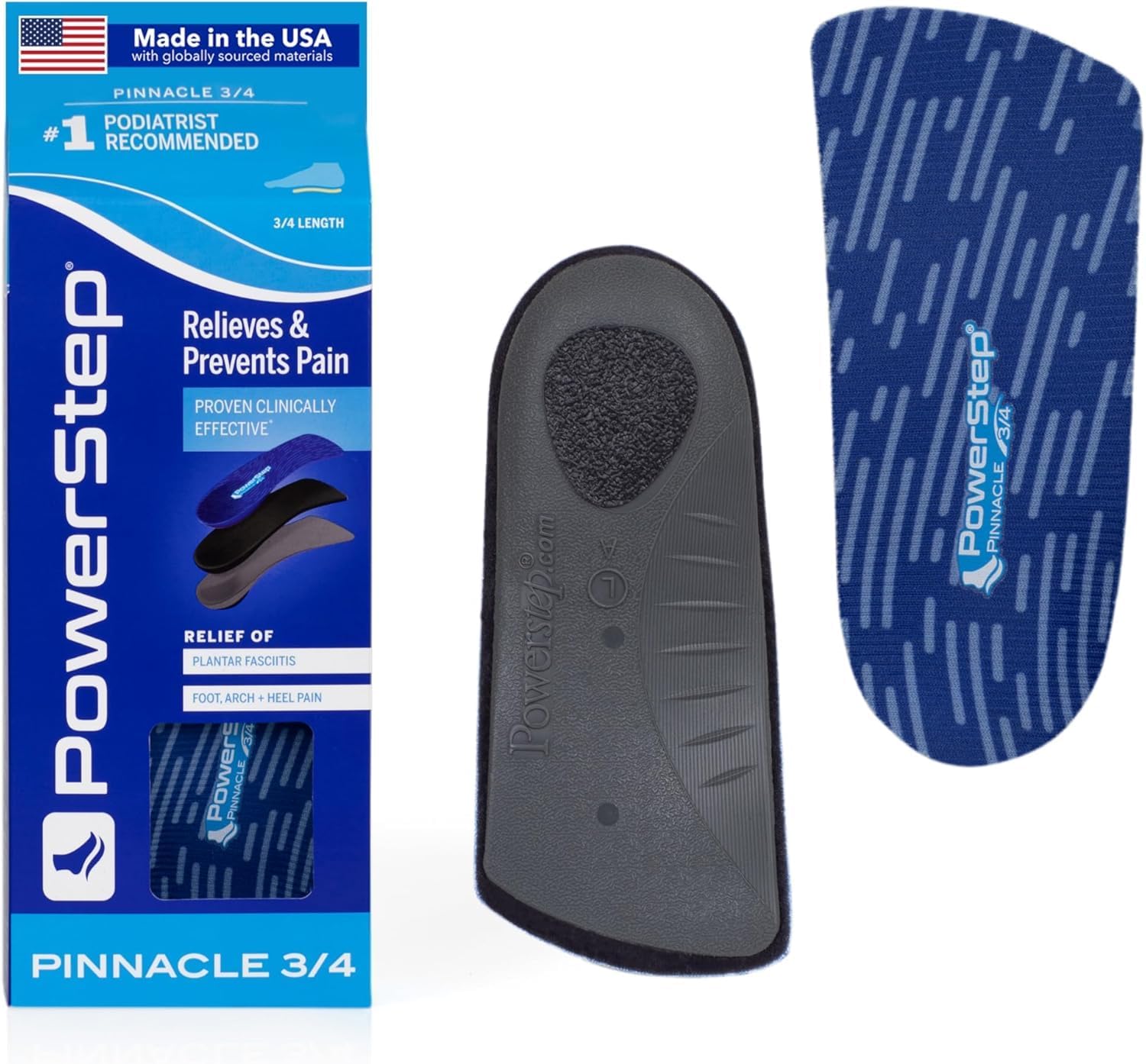 PowerStep Pinnacle 3/4 Orthotic Insole for Tight Shoes, Plantar Fasciitis Relief, Arch Supports Orthotic Insoles for Women and Men, Made in The USA (Men's 5-6.5 / Women's 7-8.5)