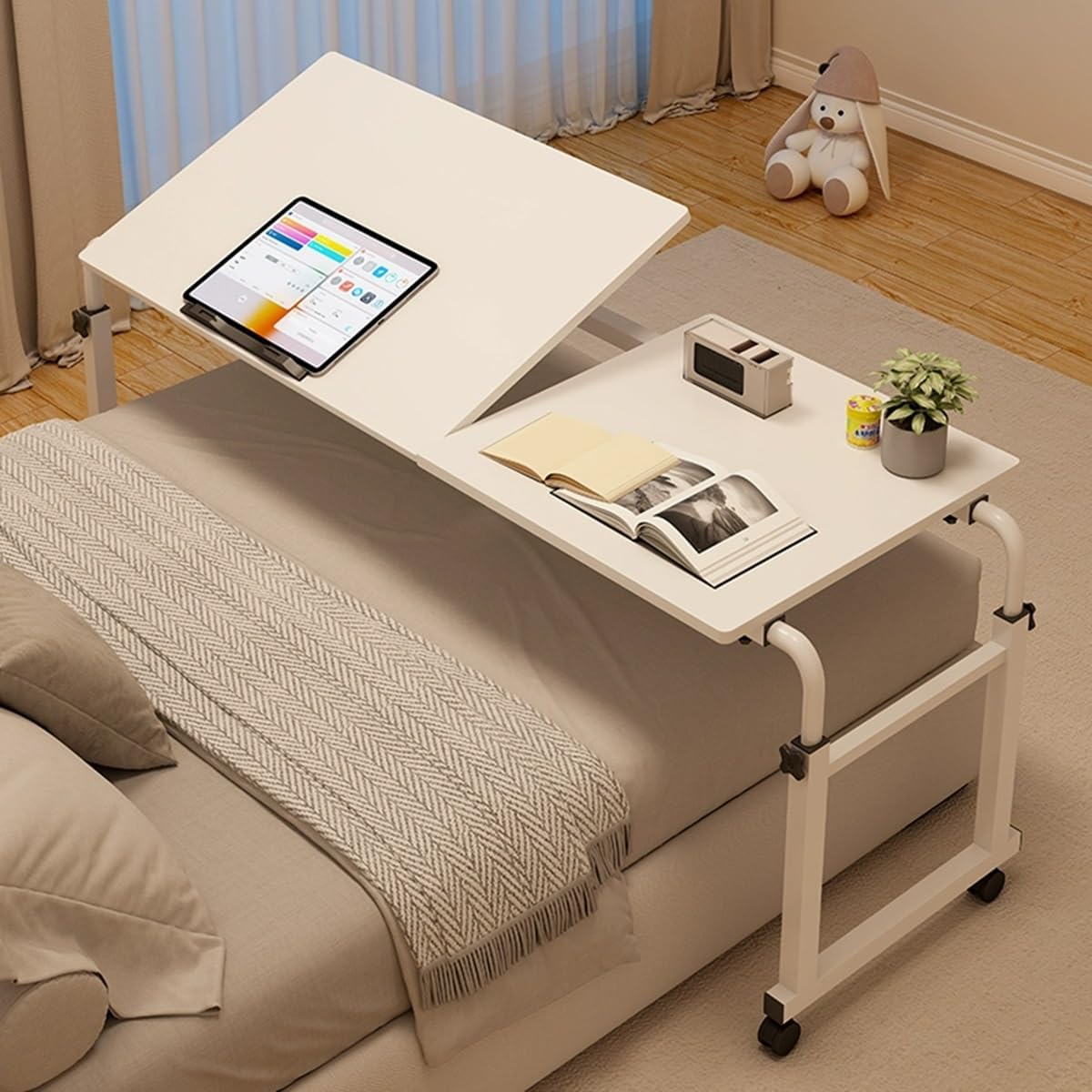 Over Bed Desk Cross-Bed Stretchable Height/Length, OverBed Table with Wheels, Hospital Standing Desk Over Bed Table, Food Tray Desk(White)