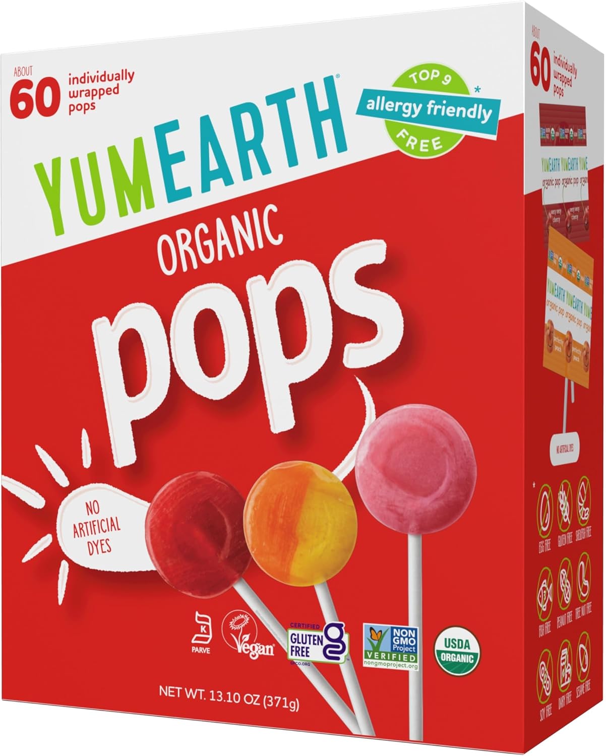 YumEarth Organic Pops Variety Pack, 60 Fruit Flavored Favorites Lollipops, Allergy Friendly, Gluten Free, Non-GMO, Vegan, No Artificial Dyes