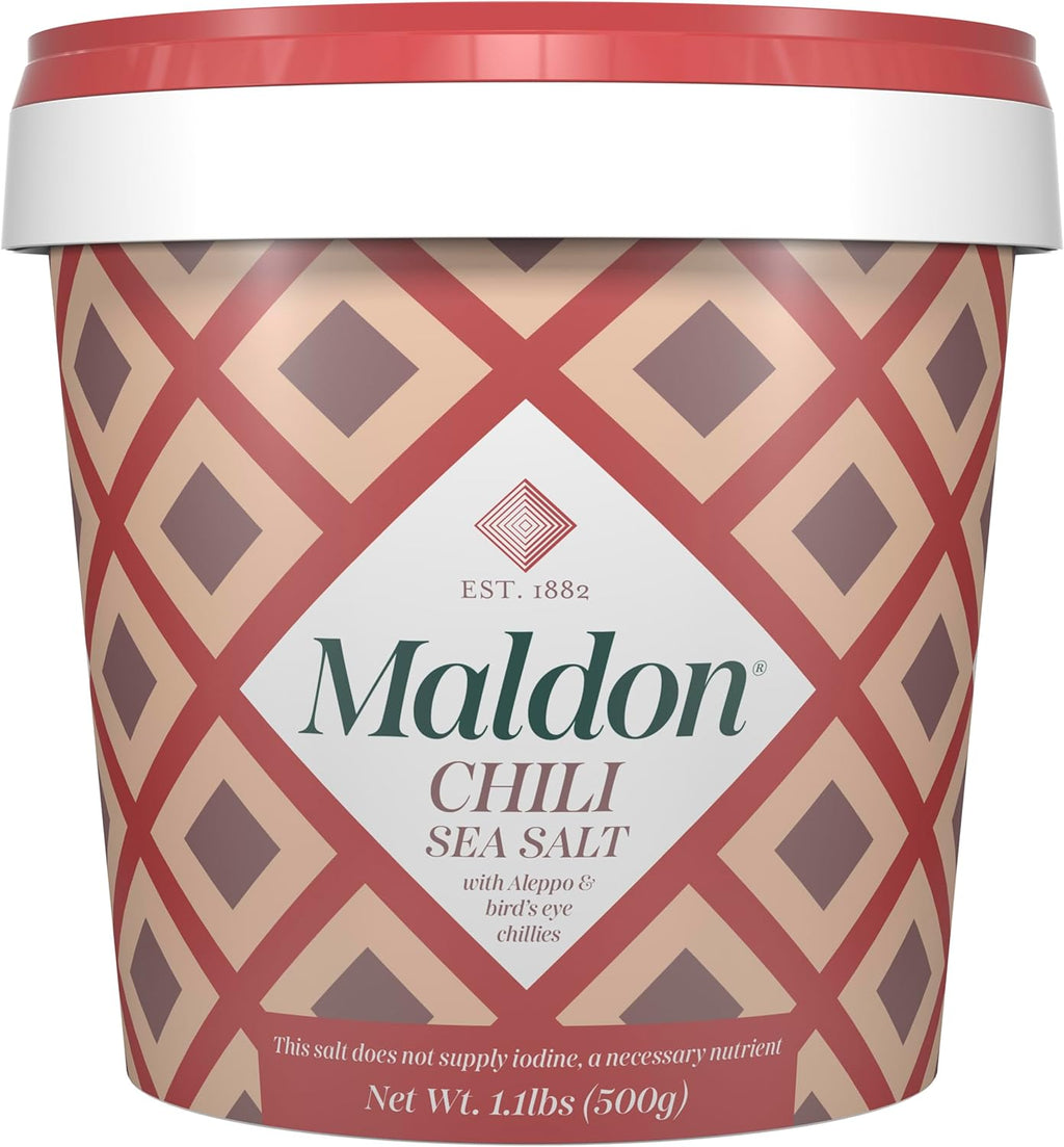 Maldon Chili Sea Salt with Aleppo & Bird’s Eye Chilies, Perfect for a Wide Range of Dishes, Fantastic Burst of Flavor, Pyramid-Shaped Flakes - 1.1lb Tub