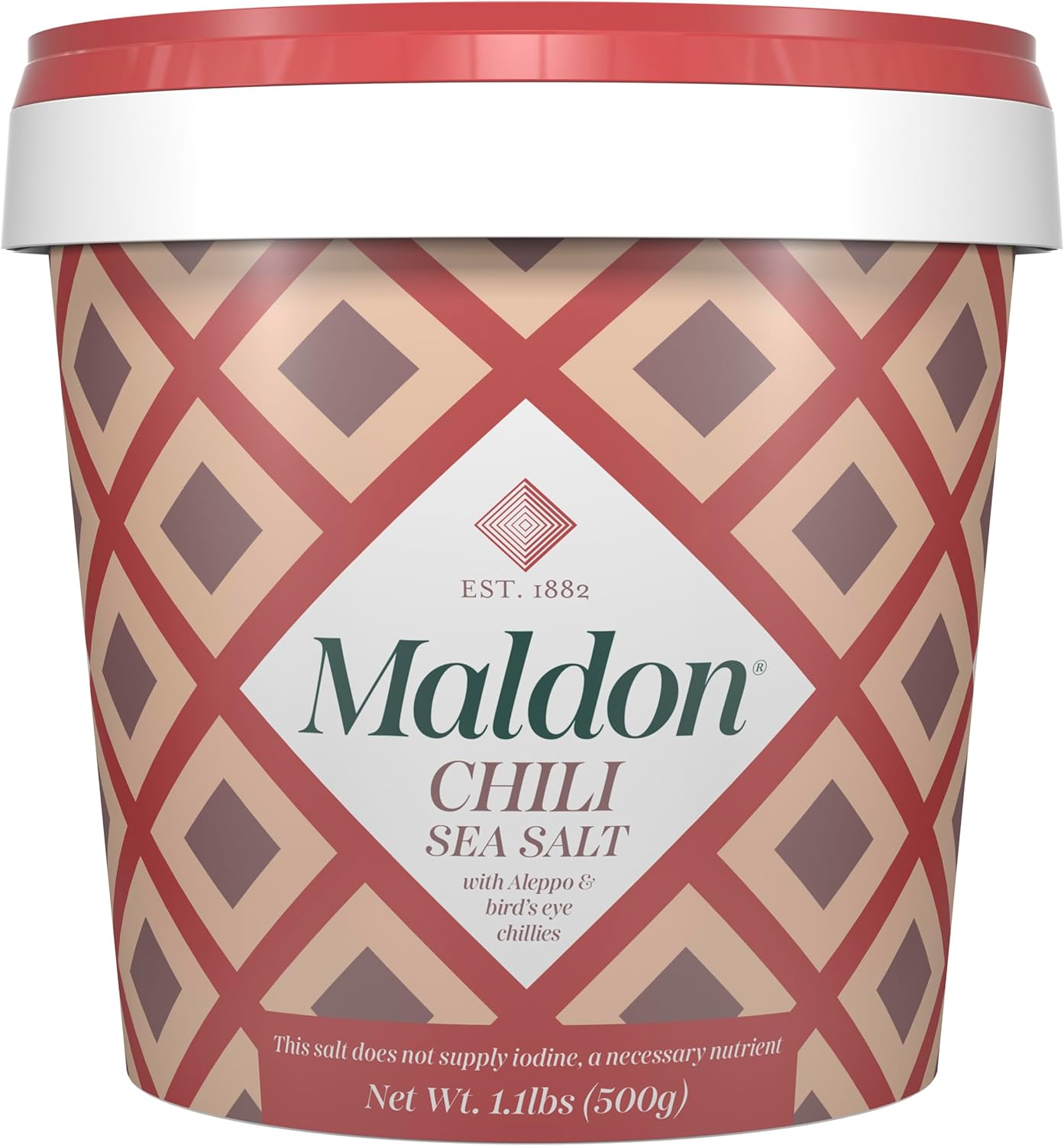 Maldon Chili Sea Salt with Aleppo & Bird’s Eye Chilies, Perfect for a Wide Range of Dishes, Fantastic Burst of Flavor, Pyramid-Shaped Flakes - 1.1lb Tub