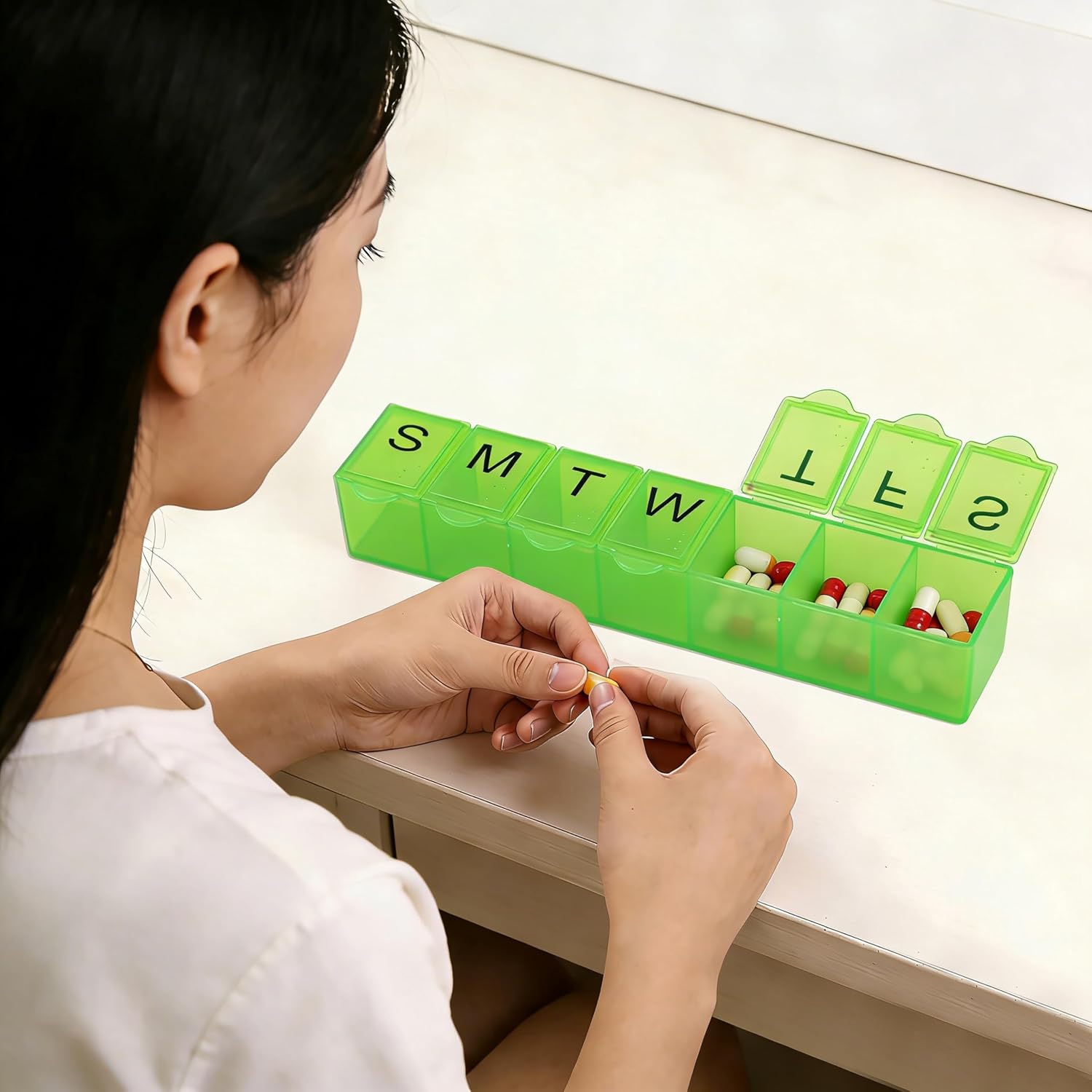 Weekly 7-Day Pill Organizer with Braille, Portable Medicine and Vitamin Planner Storage Box with Medium Compartments,Easy to Use,for Supplements and Fish Oils, Travel Friendly,BPA Free
