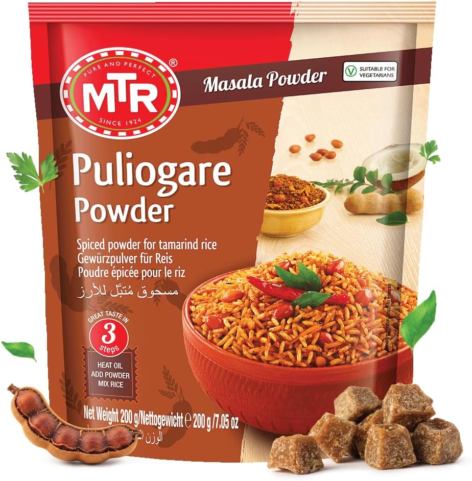 MTR Puliogare Powder – Authentic Indian Spice Blend of Tamarind, Coconut, Red Chilli, Jaggery, Peanuts, Coriander, Curry leaves and Sesame – Ideal for Tamarind Rice in 3 Easy Steps – 200g