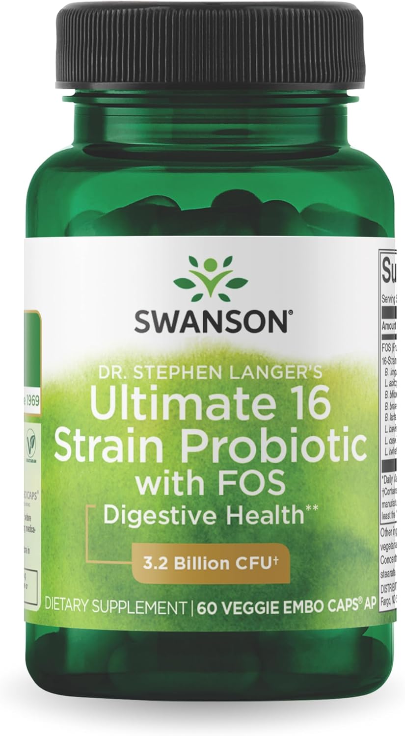Swanson Dr. Stephen Langer's 16-Strain Probiotic with Prebiotic FOS for Gut-Health-Conscious Adults with 3.2 Billion CFU (60 Vegan Capsules)