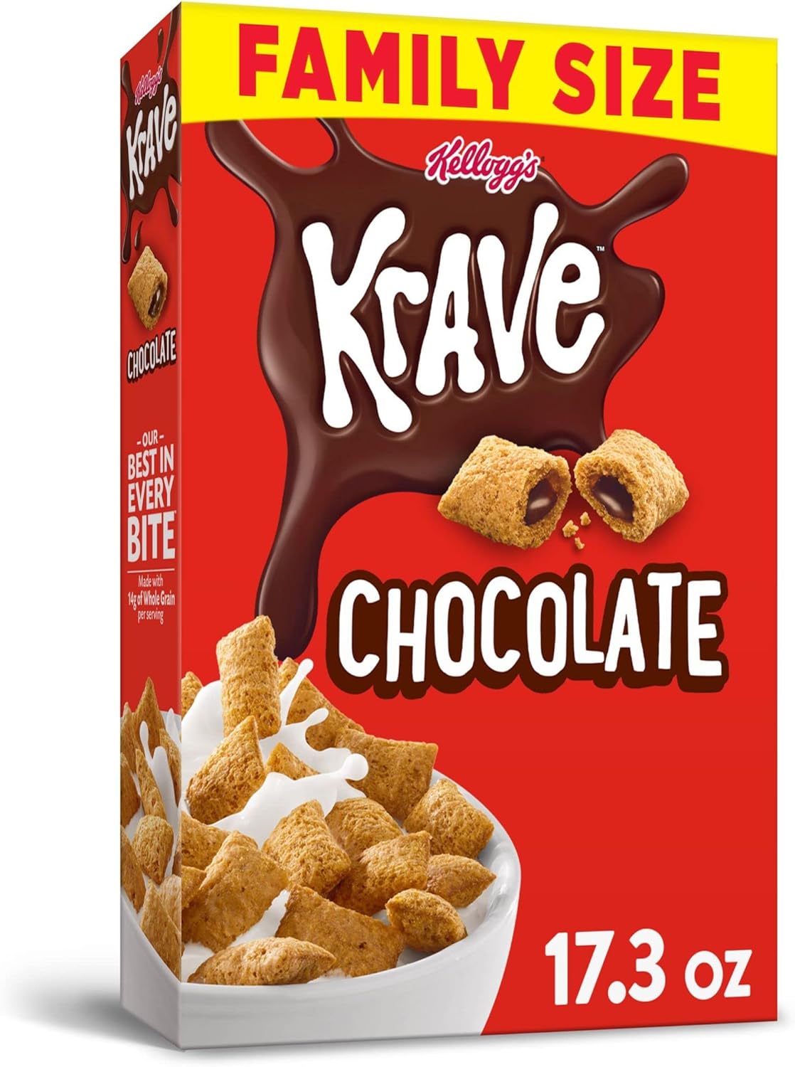 Kellogg's Krave Cold Breakfast Cereal, Kids Cereal, Family Breakfast, Family Size, Chocolate, 17.3oz Box (1 Box)