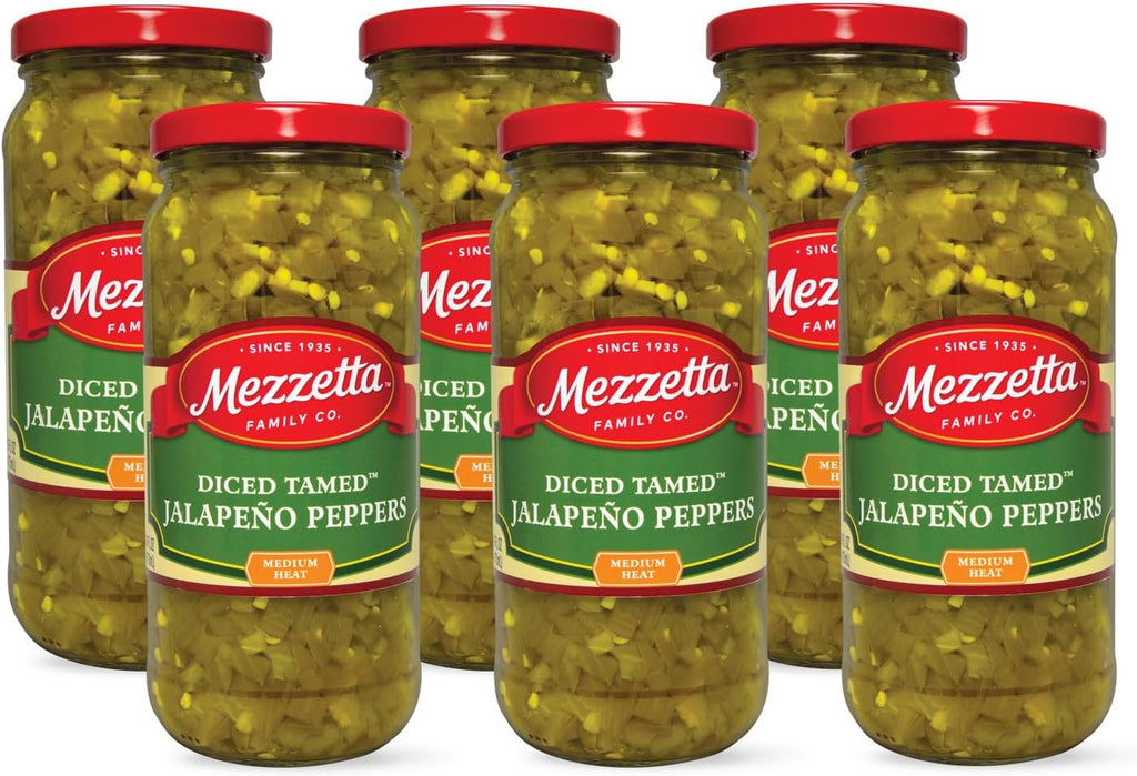 Mezzetta Diced Tamed Jalapeno Peppers, Medium Heat | Kosher, Gluten Free, Keto | 16 Fluid Ounce Jar (Pack of 6)