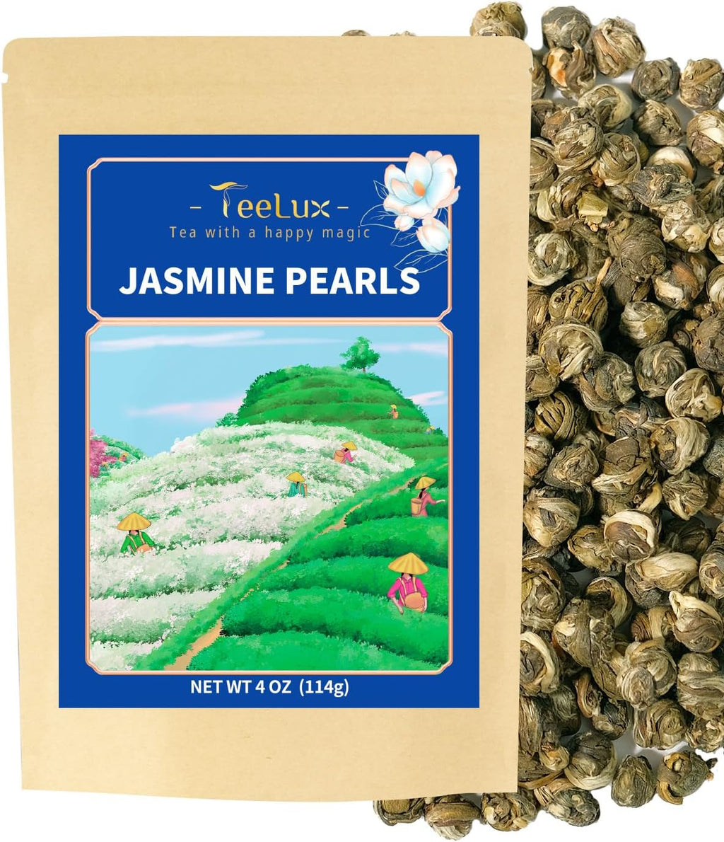 TeeLux Jasmine Pearls Green Tea, Handrolled Green Tea Loose Leaf with Delightful Aroma, Natural Jasmine Pearl Tea, 4 Ounce