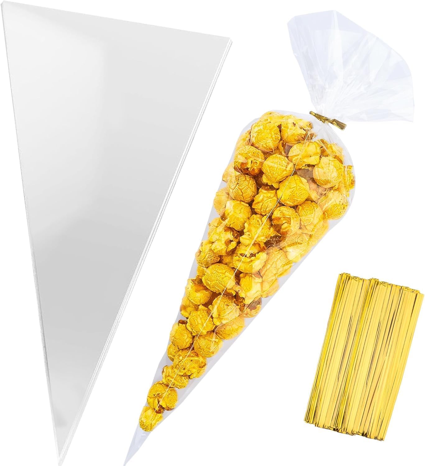 Cellophane bags,100 Pcs 7x15 Inch Clear Cellophane Treat Bags Carrot Cone Shaped Treat Bag with Twist Ties Plastic Popcorn Bags Cotton Candy Bag for Easter Party Favors Baby Shower Birthday Gift